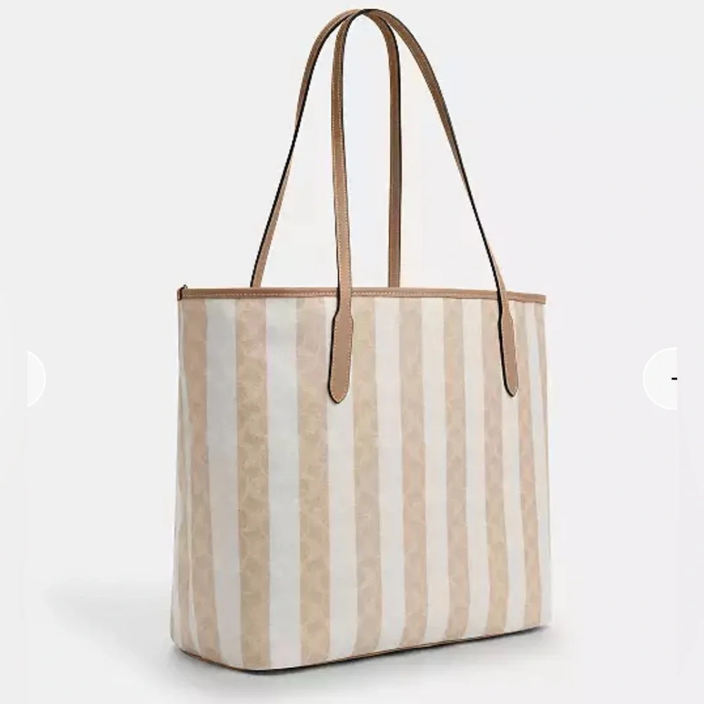 Coach Large City Tote Bag In Signature Canvas With Stripe Silver Sand Tan